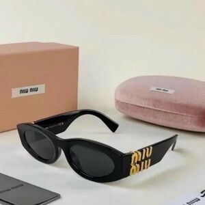 Miu Miu Black Cat-Eye Sunglasses with Gold Temple Logo